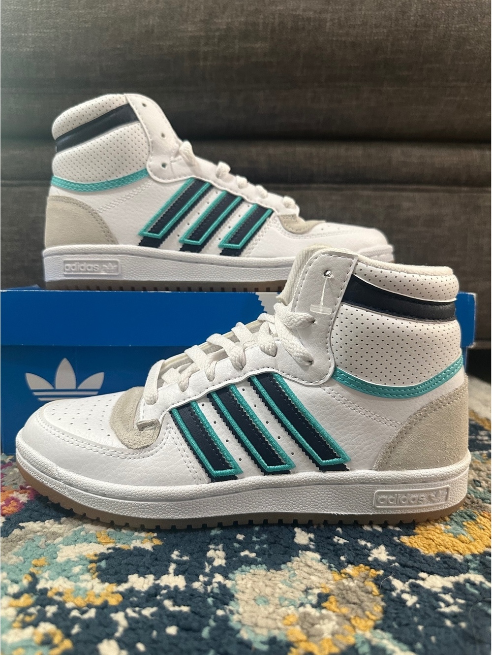 Size 5Y/6 Women - Adidas Top Ten Hi GS “White Navy Mint”